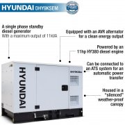 Hyundai DHY9KSEm 8.8kW / 11kVA Single Phase Diesel Generator